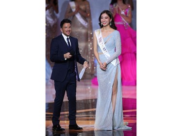 Miss Vietnam Luong Thuy Linh reacts to making the semi-finals during the the Miss World Final 2019 at the Excel arena in east London on Dec. 14, 2019.