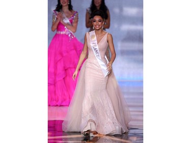 Miss France Ophely Mezino reacts to making the semi-finals during the the Miss World Final 2019 at the Excel arena in east London on Dec. 14, 2019.