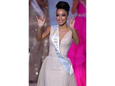 Miss France Ophely Mezino reacts to making the semi-finals during the the Miss World Final 2019 at the Excel arena in east London on Dec. 14, 2019.