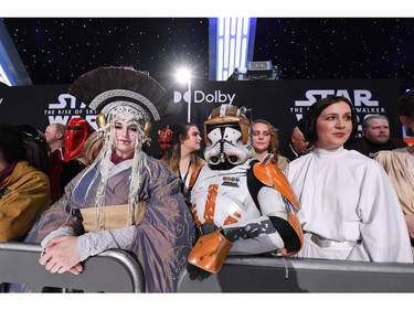 Fans in Star Wars costumes attend the world premiere of Disney's "Star Wars: The Rise of Skywalker" at the TCL Chinese Theatre in Hollywood, Calif., on Dec. 16, 2019.