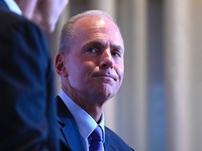 In this file photo taken on October 02, 2019 Boeing CEO Dennis Muilenburg speaks at the Economic Club of New York's in New York City.