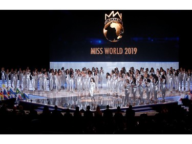 Contestants perform on stage during the Miss World final in London, Britain on Dec. 14, 2019.