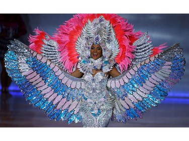 Maria Teresa Cortez of Nicaragua performs on stage during the opening ceremony of the Miss World final in London, Britain on Dec. 14, 2019.