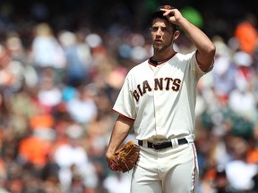Madison Bumgarner of the San Francisco Giants looks on against the San Diego Padres during a game at AT&T Park  in San Francisco. (File photo)