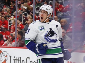 Vancouver Canucks captain Bo Horvat celebrates one of the eight goals he’s scored so far this season. Three of his teammates — Elias Pettersson, J.T. Miller and Brock Boeser — have double figures in goals so far in 2019-20.