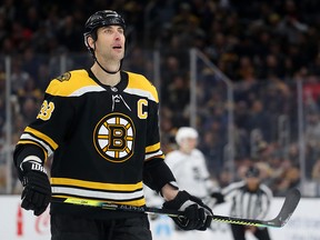 Zdeno Chara of the Boston Bruins looks on during a game against the Los Angeles Kings at TD Garden on December 17, 2019 in Boston. (Maddie Meyer/Getty Images)