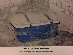 The container investigators allege was used to contain the body of Lisa Mitchell is seen in this undated police handout image which was entered into evidence in the trial of Allan Shyback, who is accused of killing Mitchell, 31, and hiding her body in the basement of their home.