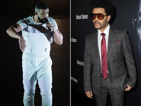 Rapper Drake (left) and The Weeknd are seen in file photos.