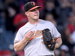 Dylan Bundy of the Baltimore Orioles reacts during a game against the Los Angeles Angels at Angel Stadium on May 2, 2018 in Anaheim. (Harry How/Getty Images)