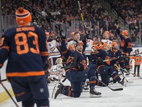 Hardest Shot winner was Matt Benning (83) much to the delight of his mates on Team Blue. The Oilers Skills Competition at Rogers Place on December 29, 2019 was a sell-out and a chance for many fans to see their idols in a more relaxed atmosphere. Photo by Shaughn Butts / Postmedia