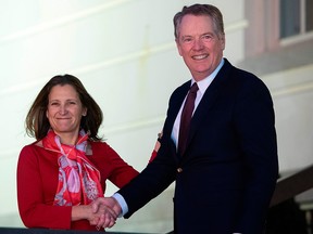 Deputy Prime Minister Chrystia Freeland is greeted by U.S. Trade Representative Robert Lighthizer as she arrives at the Office of the US Trade Representative for trade talks on the U.S.-Mexico-Canada Agreement (USMCA) in Washington, D.C, Nov. 27, 2019.