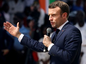 France's President Emmanuel Macron speaks during the inauguration of the Agora "win win" in Koumassi, Abidjan, Ivory Coast December 21, 2019.