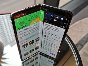 The Samsung Galaxy Fold is seen during a media briefing at the Samsung Experience Store at the Eaton Centre in Toronto on Monday, Nov. 25, 2019.
