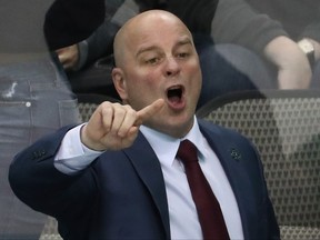 Head coach Jim Montgomery of the Dallas Stars in the third period at American Airlines Center on Oct. 23, 2018 in Dallas, Texas.  (Ronald Martinez/Getty Images)