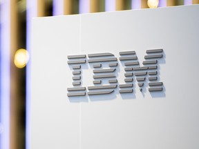 A logo sits illumintated outside the IBM booth on day 2 of the GSMA Mobile World Congress 2019 on February 26, 2019 in Barcelona, Spain.