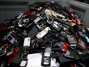 This photo taken on May 3, 2017 at Morphosis plant in Le Havre, northwestern France, shows a pile of discarded electrical and electronic components. (CHARLY TRIBALLEAU/AFP via Getty Images)