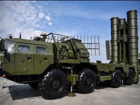 Russian S-400 anti-aircraft missile launching system is displayed at the exposition field in Kubinka Patriot Park outside Moscow on August 22, 2017 during the first day of the International Military-Technical Forum Army-2017. (ALEXANDER NEMENOV/AFP via Getty Images)