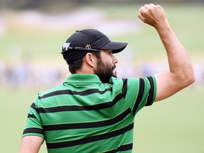 Adam Hadwin reacts on the 15th green during the 2019 Presidents Cup at Royal Melbourne Golf Course on December 15, 2019 in Melbourne. (Quinn Rooney/Getty Images)