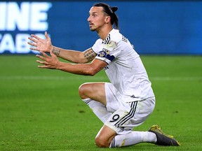 Zlatan Ibrahimovic of Los Angeles Galaxy reacts during a game at Banc of California Stadium on October 24, 2019 in Los Angeles. (Harry How/Getty Images)