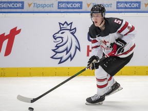 Canada's Jacob Bernard-Docker carries the puck during first-period action Germany at the world junior championship on Monday, Dec. 30, 2019 in Ostrava, Czech Republic. (THE CANADIAN PRESS)