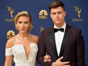 Scarlett Johansson (L) and Colin Jost attends the 70th Emmy Awards at Microsoft Theater on Sept. 17, 2018 in Los Angeles.