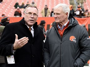 General Manager John Dorsey of the Cleveland Browns is seen with owner Jimmy Haslam before the game against the Green Bay Packers at FirstEnergy Stadium on December 10, 2017 in Cleveland. (Jason Miller/Getty Images)