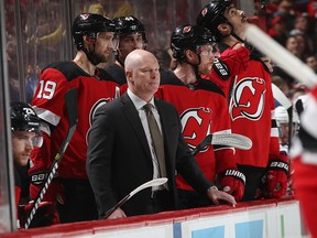 Head coach John Hynes of the New Jersey Devils works the bench against the Tampa Bay during the Stanley Cup Playoffs at the Prudential Center on April 18, 2018 in Newark, N.J. (Bruce Bennett/Getty Images)