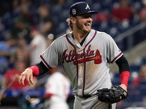 Atlanta Braves third baseman Josh Donaldson reacts after fielding the final out against the Philadelphia Phillies at Citizens Bank Park. (Bill Streicher-USA TODAY Sports)