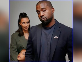 From left, Kim Kardashian West, North West and Kanye West are seen  at Lakewood Church on Sunday, Nov. 17, 2019, in Houston.
