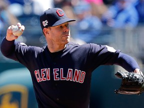 Corey Kluber of the Cleveland Indians pitches in the first inning during the game against the Kansas City Royals at Kauffman Stadium on April 14, 2019 in Kansas City, Mo.