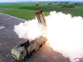 This picture taken on August 24, 2019 and released on August 25 by North Korea's official Korean Central News Agency (KCNA) shows the test-firing of a 'newly developed super-large multiple rocket launcher', at an undisclosed location. (KCNA VA KNS/AFP/Getty Images)