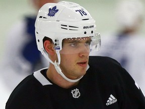 In this Sept. 15, 2017, file photo, Timothy Liljegren skates during Toronto Maple Leafs training camp at the Gale Centre in Niagara Falls, Ont.