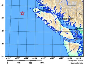 An earthquake measuring 3.6 was centred in the Pacific Ocean around 150 kilometres west of Port Alice on Christmas morning.