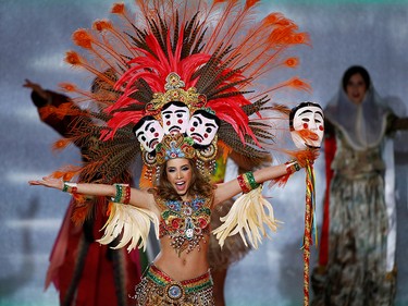 Iciar Diaz of Bolivia performs on stage during the opening ceremony of the Miss World final in London, Britain Dec. 14, 2019.
