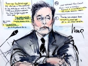 Courtroom sketch shows Elon Musk during the trial in a defamation case filed by British cave diver Vernon Unsworth, who is suing the Tesla chief executive for calling him a "pedo guy" in one of a series of tweets, in Los Angeles, California, U.S., December 4, 2019.