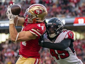 San Francisco 49ers fullback Kyle Juszczyk (44) scores against Atlanta Falcons linebacker Deion Jones (45) at Levi's Stadium. (Kyle Terada-USA TODAY Sports)