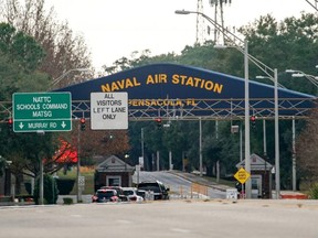 A general view of the atmosphere at the Pensacola Naval Air Station main gate following a shooting on Friday, Dec. 6, 2019 in Pensacola, Fla.