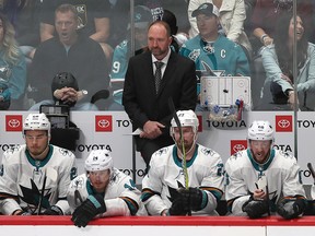 Head coach Peter DeBoer of the San Jose Sharks watches as his team plays the Colorado Avalanche during the Stanley Cup playoffs at the Pepsi Center on May 6, 2019 in Denver. (Matthew Stockman/Getty Images)