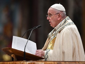 Pope Francis speaks during the 'Te Deum' prayer for the year 2019, in Saint Peter's Basilica at the Vatican on December 31, 2019. (ANDREAS SOLARO/AFP via Getty Images)