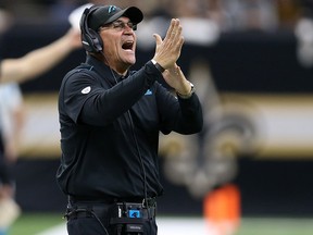 Carolina Panthers head coach Ron Rivera calls a timeout against the New Orleans Saints at the Mercedes-Benz Superdome. (Chuck Cook-USA TODAY Sports)