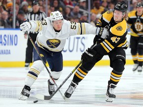 Boston Bruins centre Danton Heinen (43) shoots the puck as Buffalo Sabres left wing Jeff Skinner (53) defends at KeyBank Center. (Timothy T. Ludwig-USA TODAY Sports)