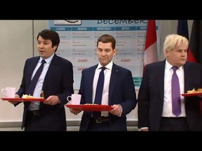 Jimmy Fallon as Trudeau, Paul Rudd as French President Emmanuel Macron, and James Corden as British Prime Minister Boris Johnson on "Saturday Night Live" on Dec. 7, 2019.