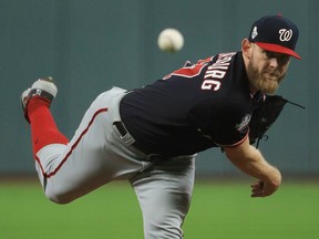 Washington Nationals pitcher Stephen Strasburg throws against the Houston Astros in Game 6 of the World Series at Minute Maid Park. ( Mike Ehrmann/Pool Photo via USA TODAY Sports)