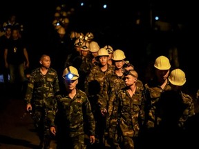 Hundreds of rescuers with equipment continue the rescue operation at the Tham Luang Nang Non cave on July 6, 2018 in Chiang Rai, Thailand. The 12 boys and their soccer coach have been found alive in the cave where they've been missing for more than a week.
