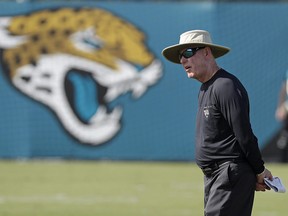 Jacksonville Jaguars executive vice president of football operations Tom Coughlin watches players perform during practice Tuesday, June 12, 2018, in Jacksonville, Fla. (AP Photo/John Raoux)