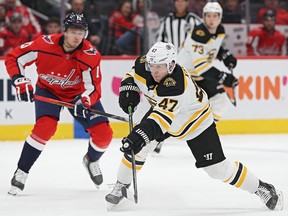 Torey Krug of the Boston Bruins shoots in front of Jakub Vrana of the Washington Capitals at Capital One Arena on December 11, 2019 in Washington Patrick Smith/Getty Images)