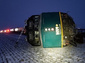 The scene of a VIA passenger train derailment near Katrime, Man., is shown in this Tuesday, Dec. 31, 2019 handout photo.