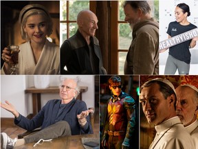 Clockwise from top left: The Chilling Adventures of Sabrina; Star Trek: Picard; Healthy is Hot; The Two Popes; Titans and Curb Your Enthusiasm.