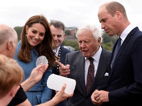 Britain's Prince William, Catherine, Duchess of Cambridge and Sir David Attenborough look at ice core from the Antarctic as they attend the naming of the RRS Sir David Attenborough polar research ship at Camel Laird shipyard, Birkenhead, Britain September 26, 2019. (Asadour Guzelian/Pool via REUTERS/File Photo)