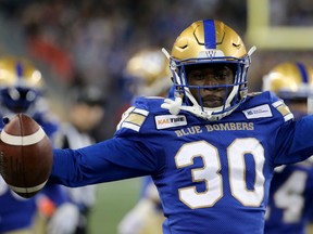 Winnipeg Blue Bombers defensive back Winston Rose celebrates after his late interception against the Calgary Stampeders sealed the win during CFL action in Winnipeg on Aug. 8, 2019.